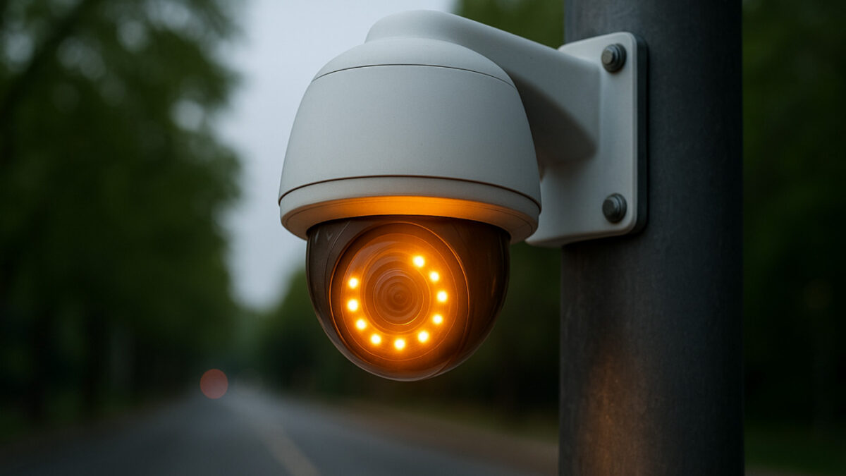 Moderne Überwachungskamera mit aktivem Infrarotlicht – Symbol für intelligente Videoüberwachung und Sicherheitstechnik im Außenbereich.