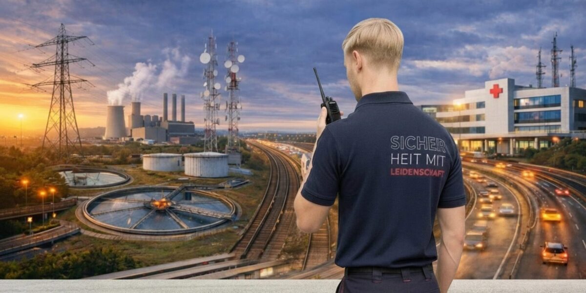 Sicherheitsmitarbeiter in WSD-Uniform mit Schriftzug „SICHERHEIT MIT LEIDENSCHAFT“ überwacht kritische Infrastrukturen wie Energieversorgung, Verkehr, Telekommunikation, Wasserwirtschaft und Gesundheitswesen