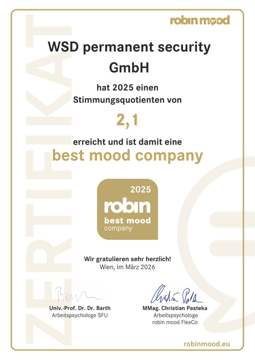 WSD permanent security Team erh&auml;lt Auszeichnung als best mood company 2025