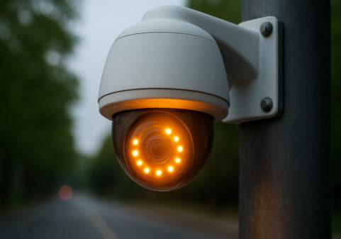 Moderne Überwachungskamera mit aktivem Infrarotlicht – Symbol für intelligente Videoüberwachung und Sicherheitstechnik im Außenbereich.